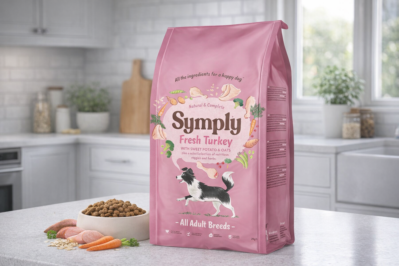 Pink bag of Simply Fresh Turkey dog food on a kitchen counter