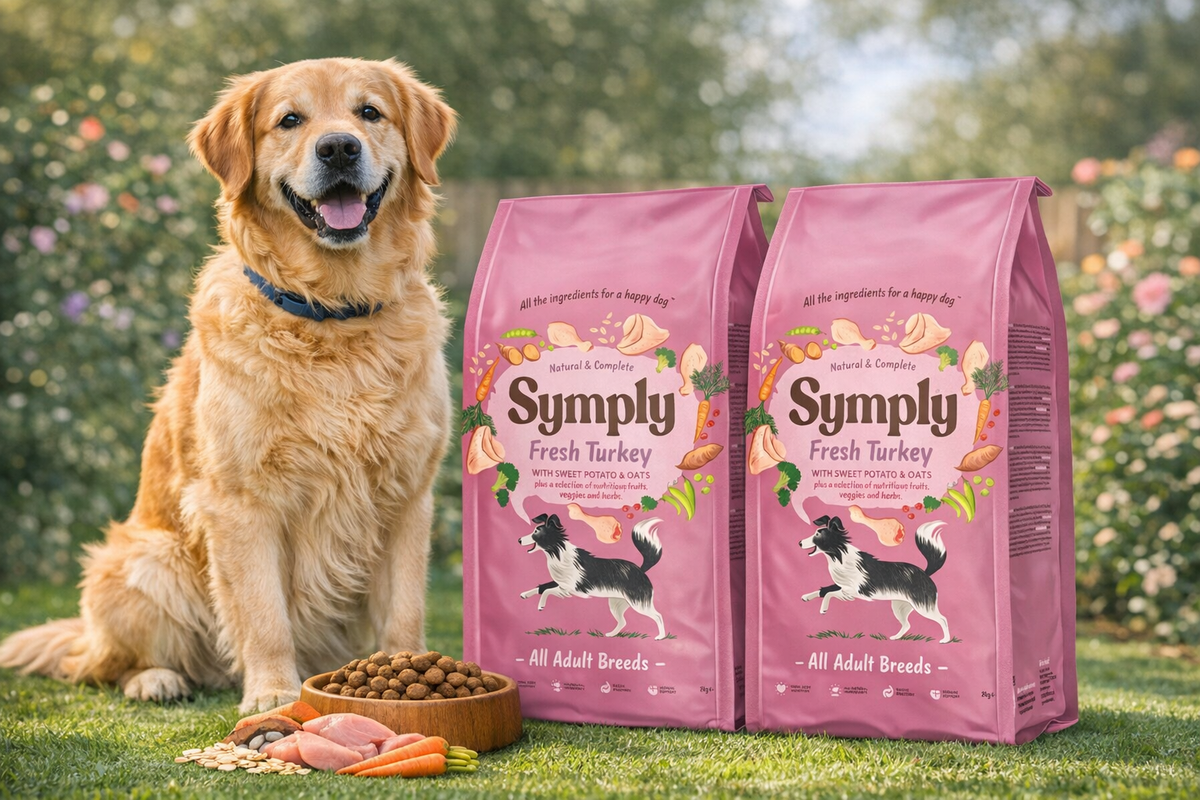 Dog sitting next to two bags of Symply Fresh Turkey dog food in a garden setting.