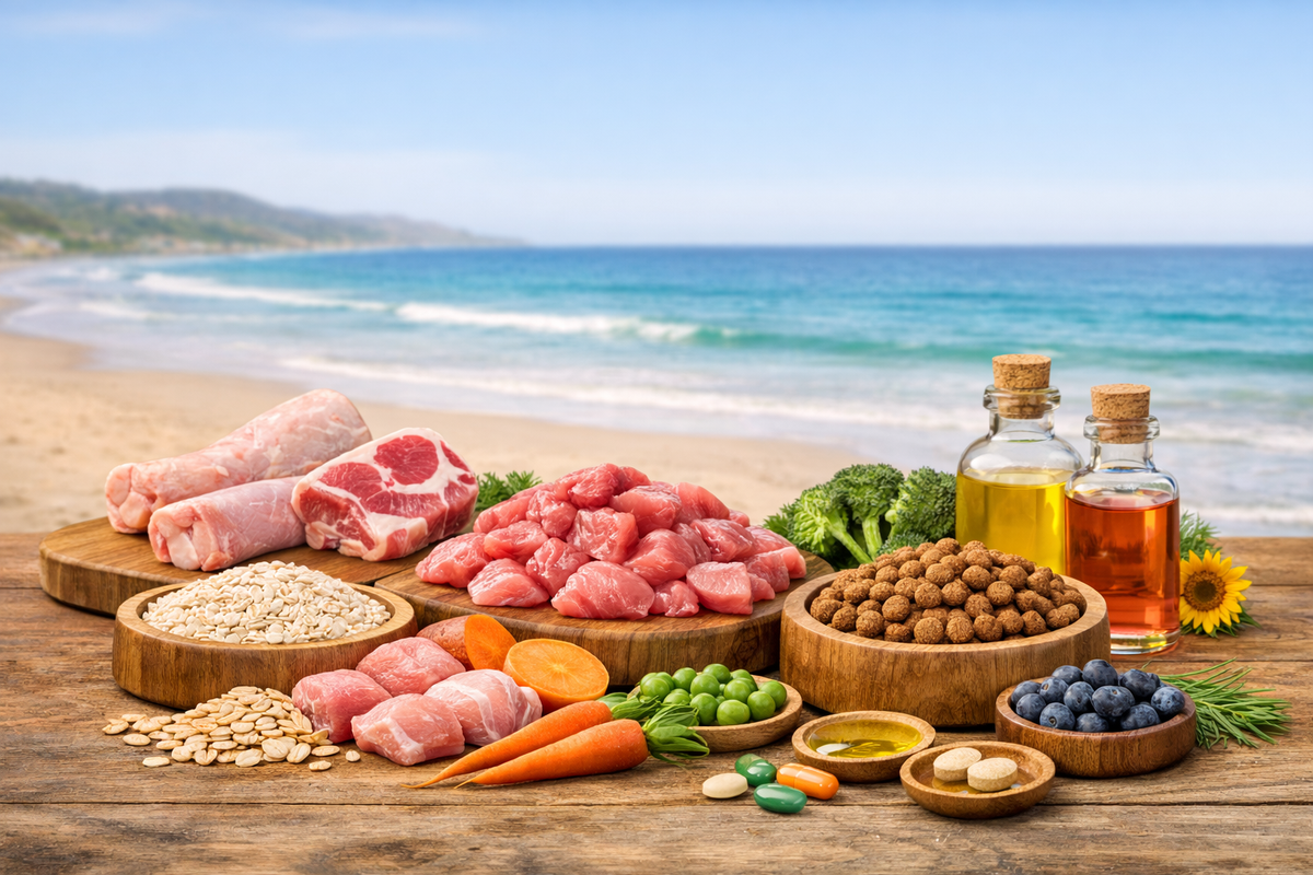 Assorted food items on a wooden table with a beach background