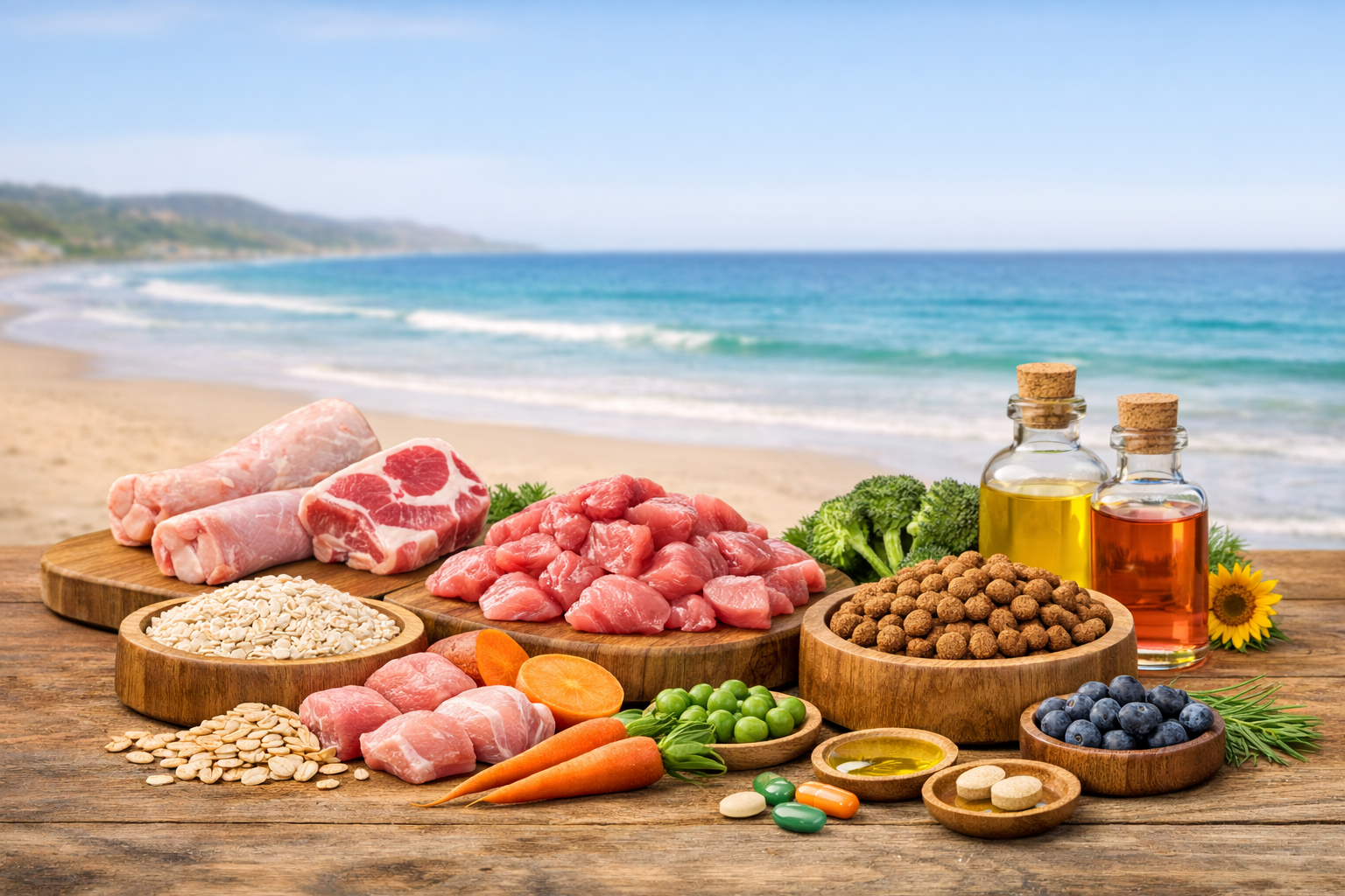 Assorted food items on a wooden table with a beach background