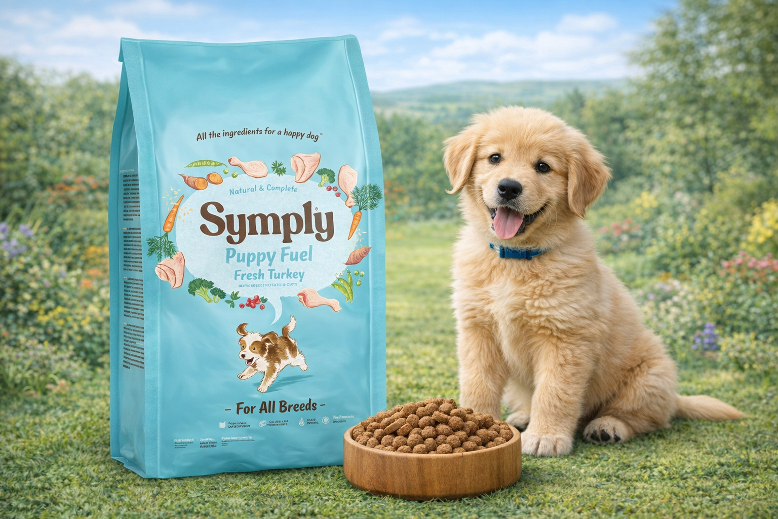 Dog food package labeled 'Simply Puppy Fuel' with a puppy sitting next to it outdoors.