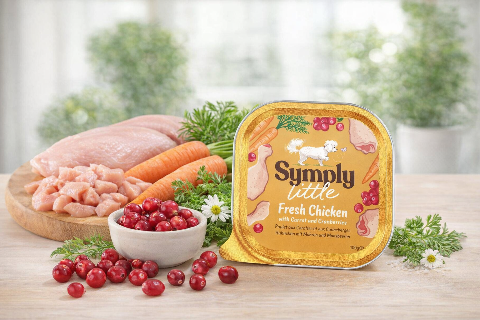 Pet food packaging with fresh ingredients on a wooden table