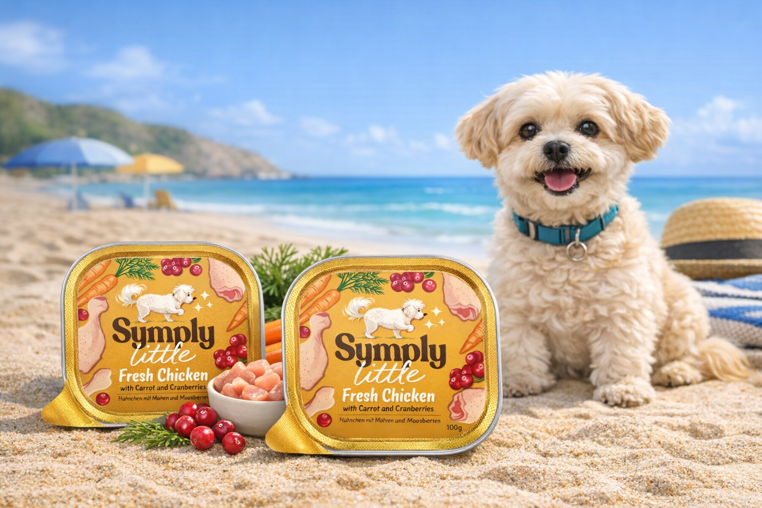 Dog sitting on a beach with 'Simply Little' pet food packaging in the foreground