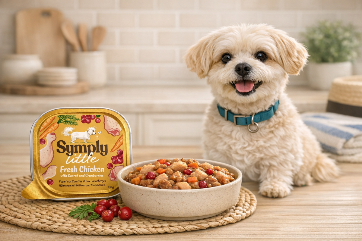 Dog with a bowl of food and a package labeled 'Simply Little' on a table.