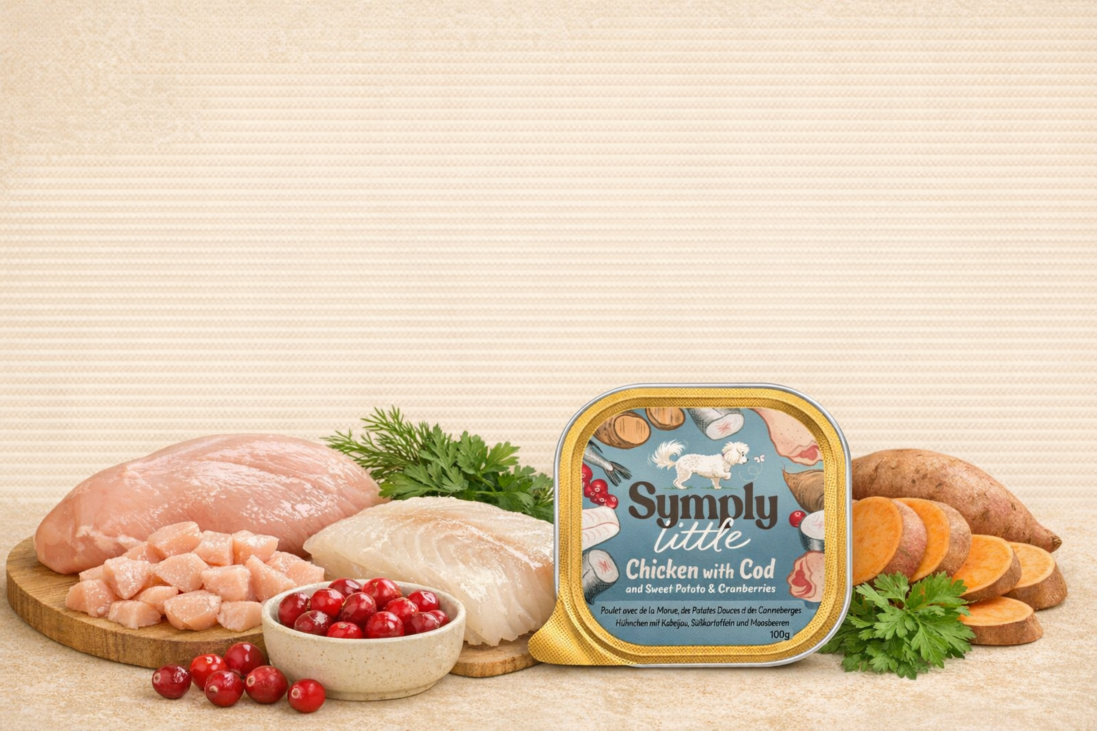 Pet food container with raw chicken, cranberries, and sweet potatoes on a wooden board.
