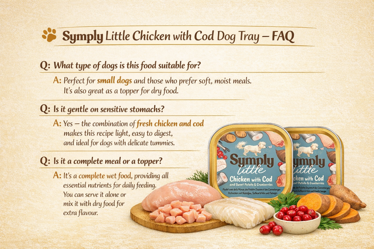 Dog food packaging with text on a beige background