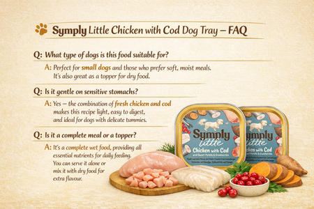 Dog food packaging with text on a beige background
