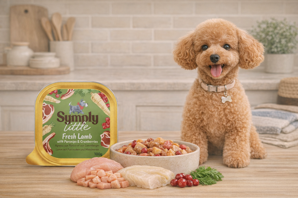 Dog sitting next to a bowl of food and a package labeled 'Simply Little Fresh Lamb' on a kitchen counter.