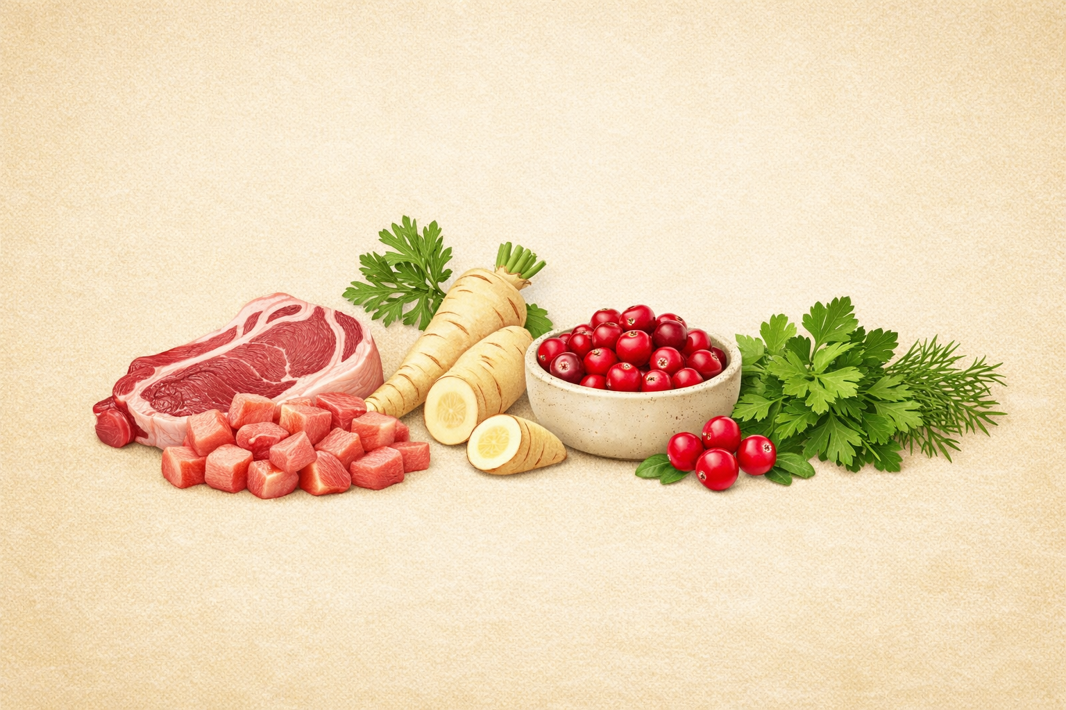 Raw meat and vegetables on a textured beige background