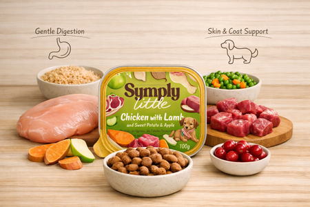 Pet food packaging with ingredients on a wooden surface
