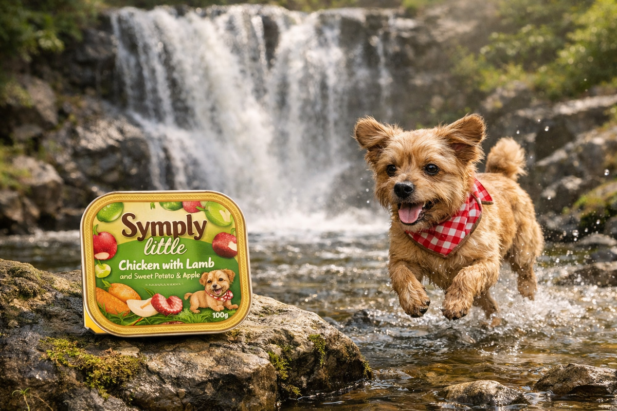 Dog running through water with a Symply Little pet food container in the foreground, waterfall in the background