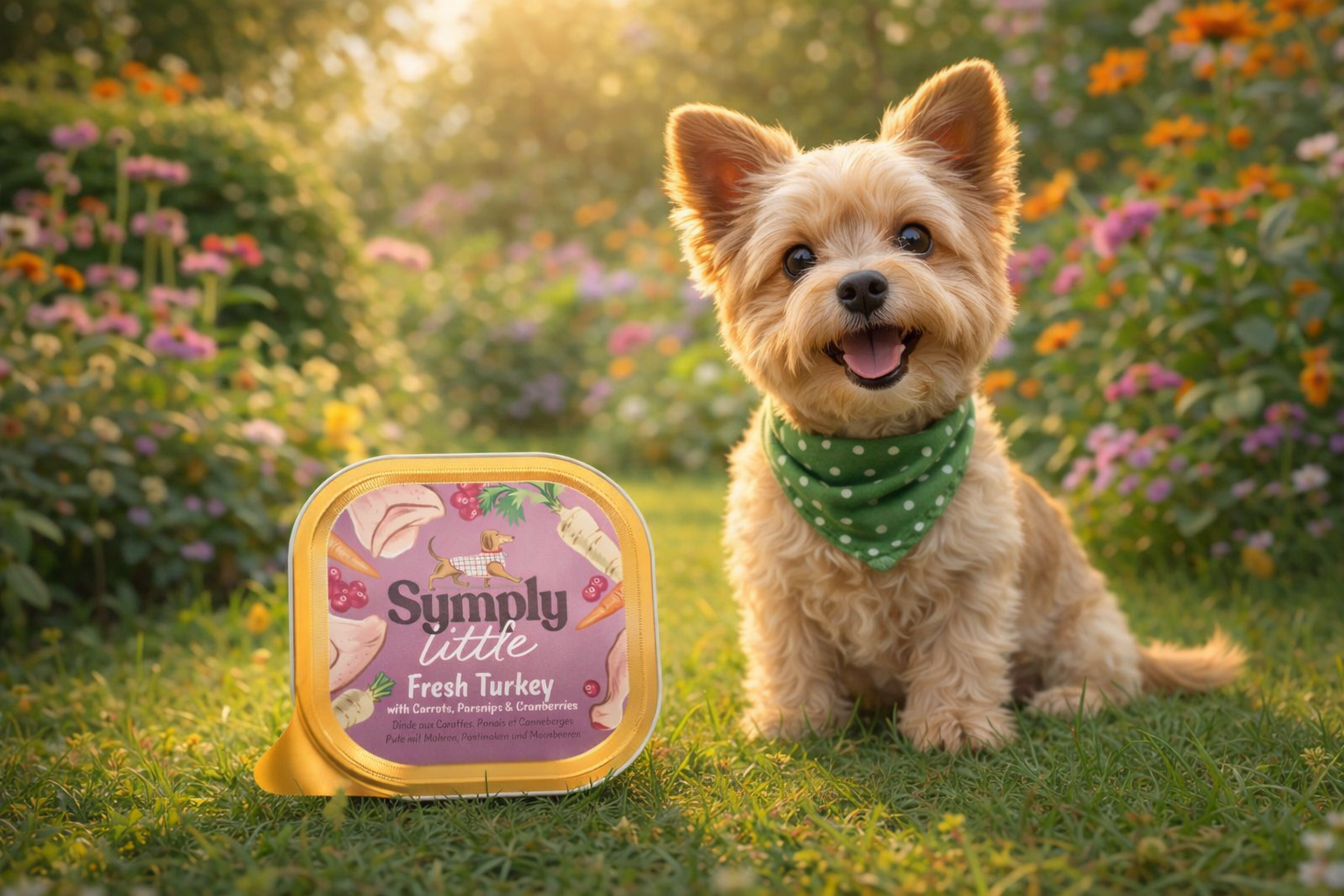 Dog sitting in a garden with a 'Simply Little' pet food container