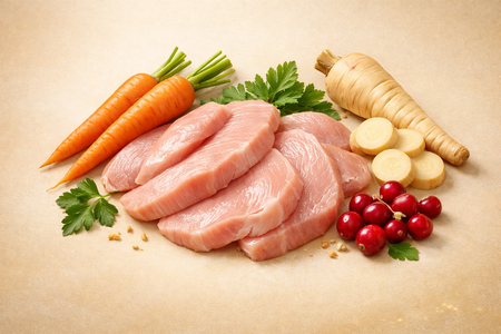 Image shows fresh turkey and vegetables