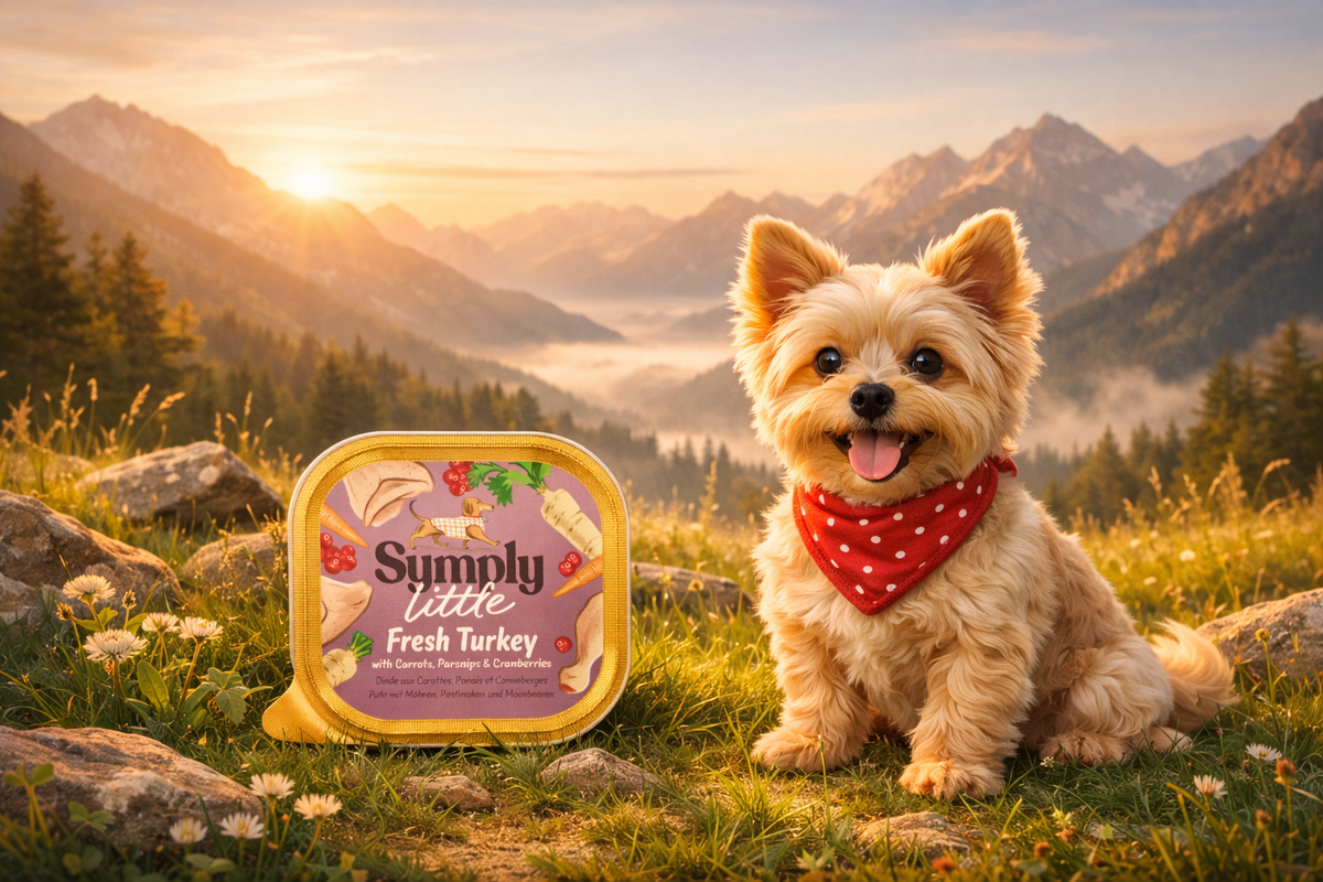 dog sitting on top of the mountain with a pack of Symply fresh turkey