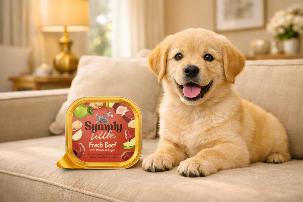 Puppy sitting on a couch next to a package of Simply Tutt fresh beef dog food.