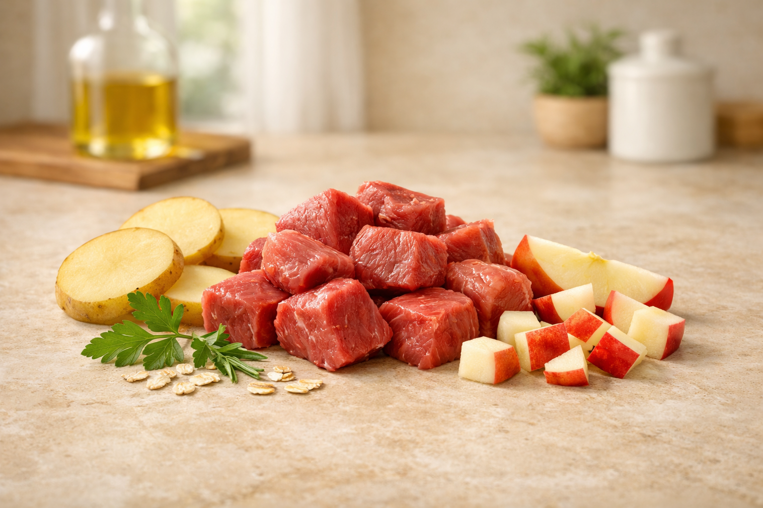Raw beef cubes with sliced apples and herbs on a kitchen counter