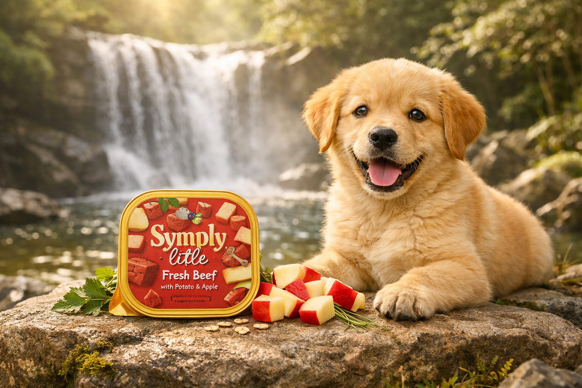 Puppy with a 'Simply Little' fresh beef product packaging by a waterfall