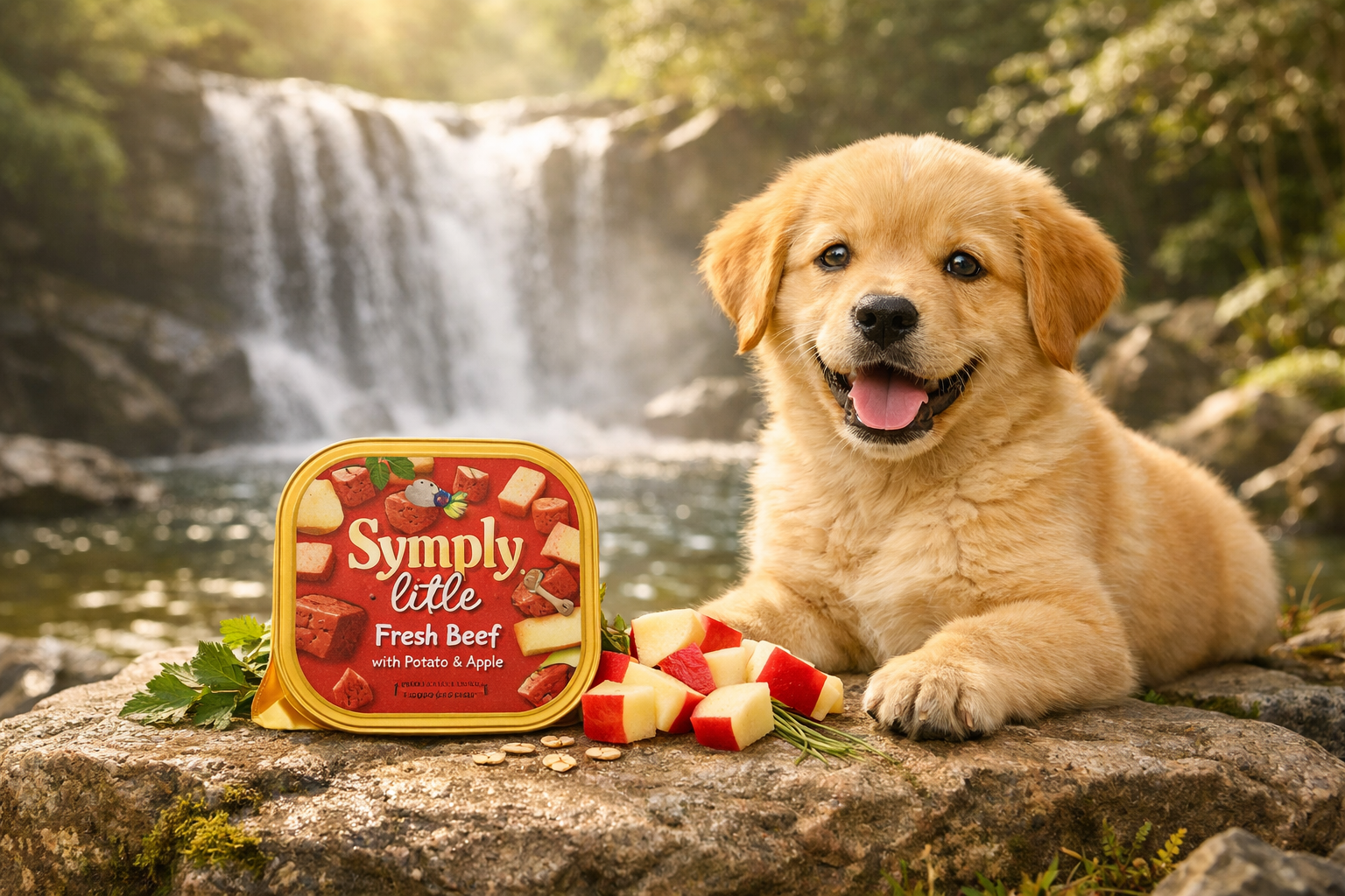 Puppy with a 'Simply Little' fresh beef product packaging by a waterfall