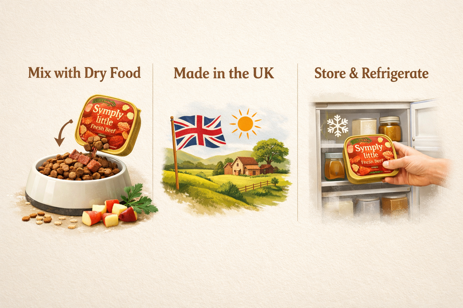 Advertisement for Simply Little pet food packaging with text on a beige background