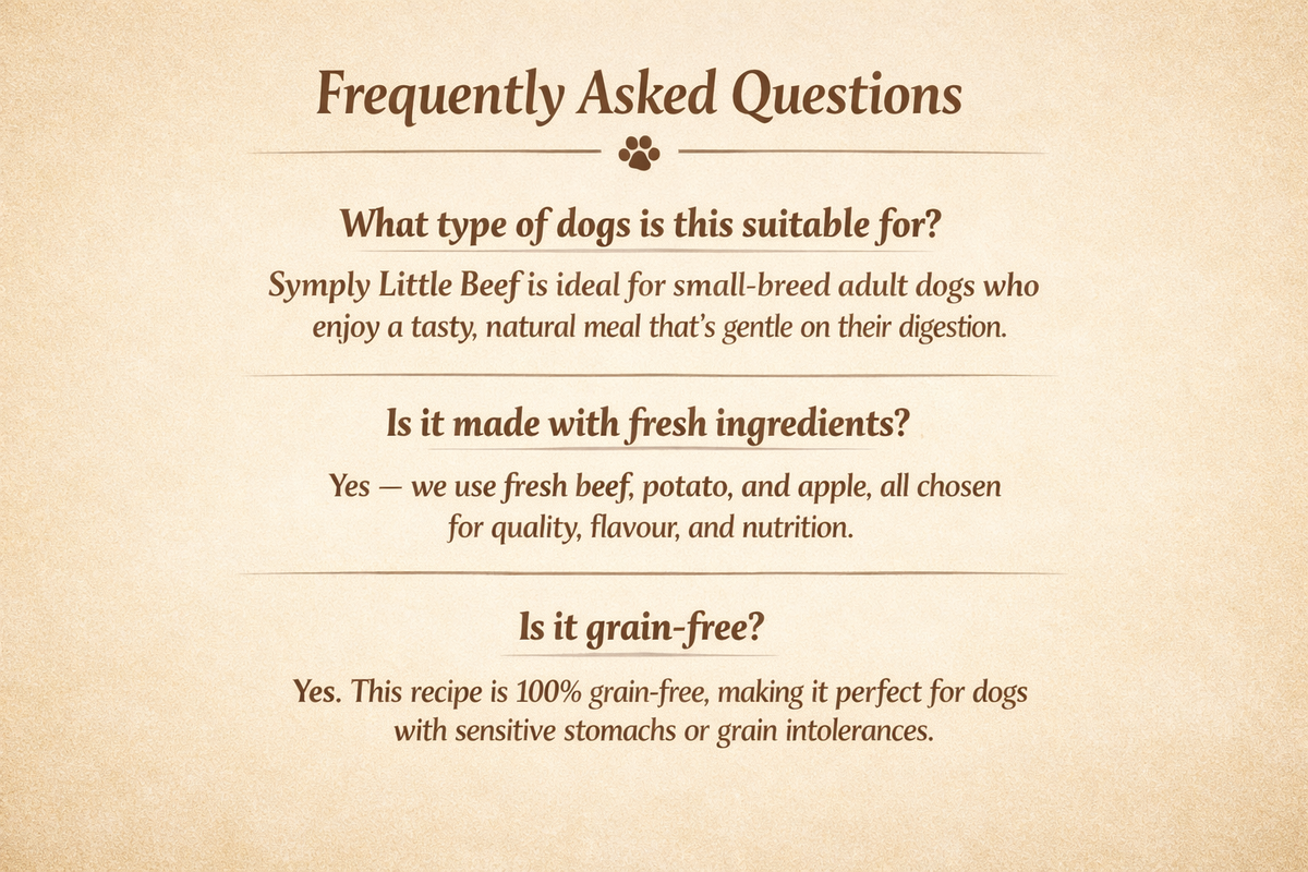 Frequently Asked Questions about a dog food product on a beige background