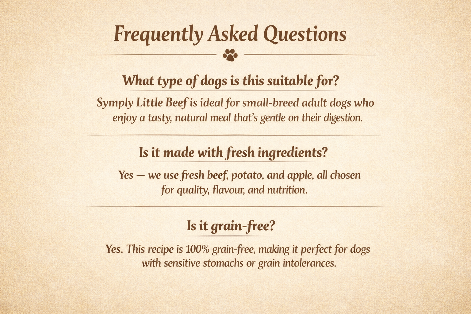 Frequently Asked Questions about a dog food product on a beige background
