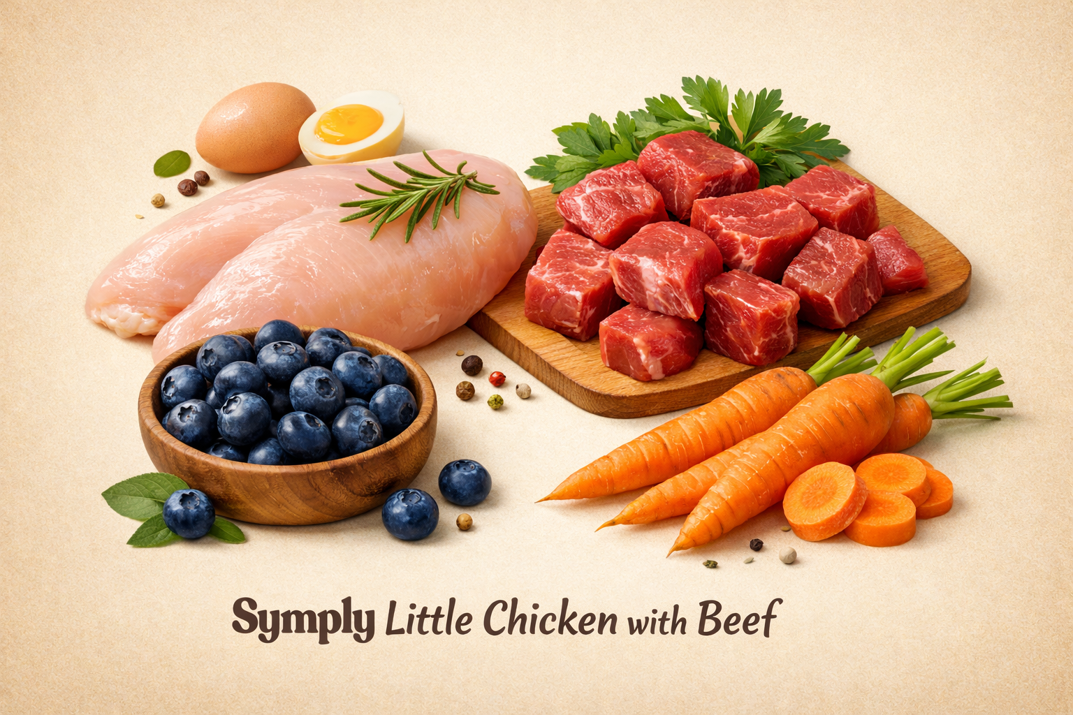 Raw chicken breasts, beef cubes, blueberries, carrots, and eggs on a beige background with 'Simply Little Chicken with Beef' text.