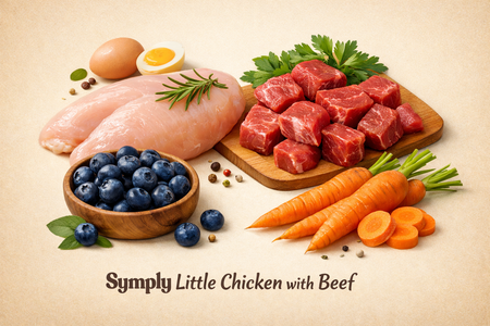 Raw chicken breasts, beef cubes, blueberries, carrots, and eggs on a beige background with 'Simply Little Chicken with Beef' text.