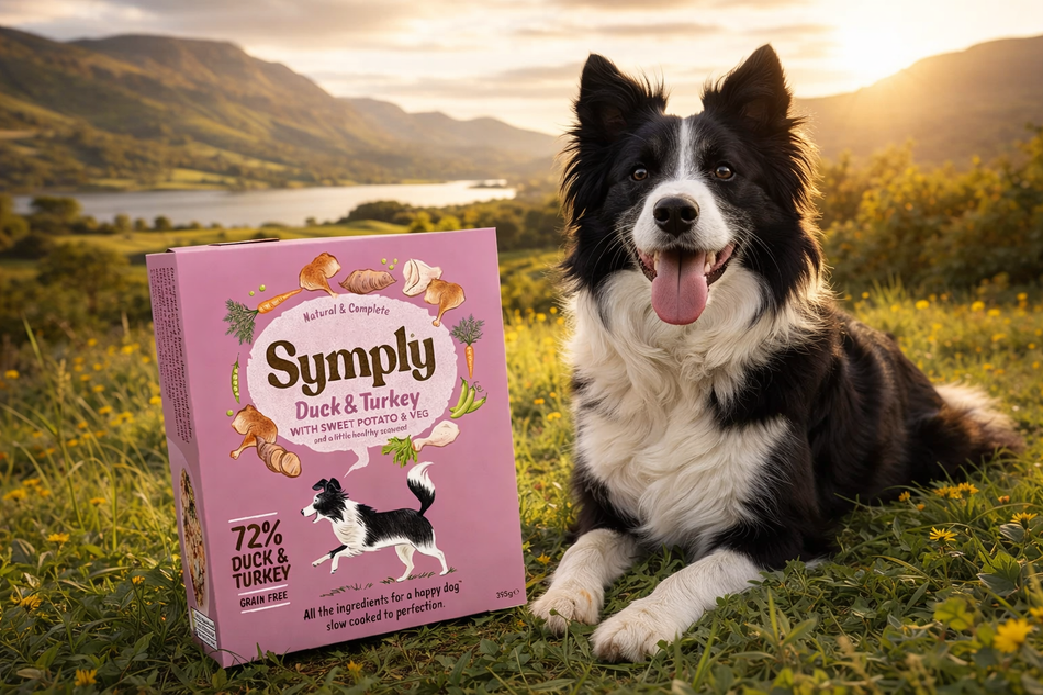Dog sitting in a field with a box of Simply Duck & Turkey dog food packaging.