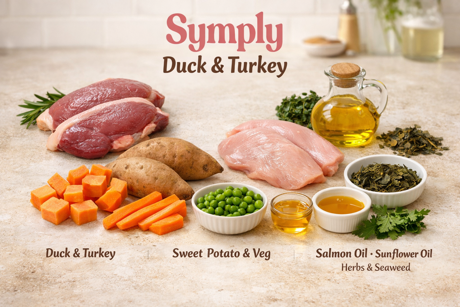 Ingredients for a duck and turkey dish displayed on a countertop with 'Symply Duck & Turkey' branding.