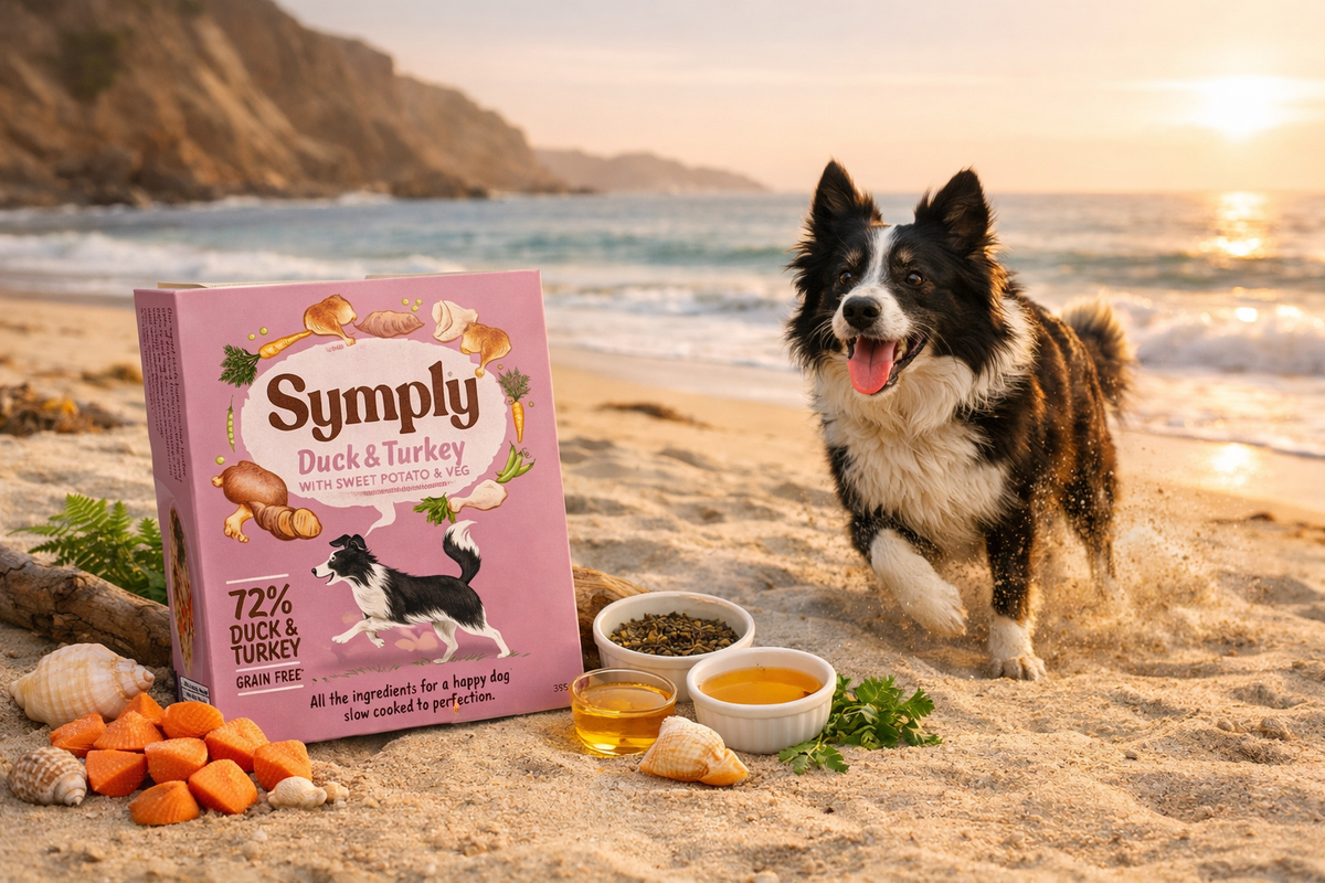 Dog standing on a beach with a box of Symply Duck & Turkey dog food packaging.