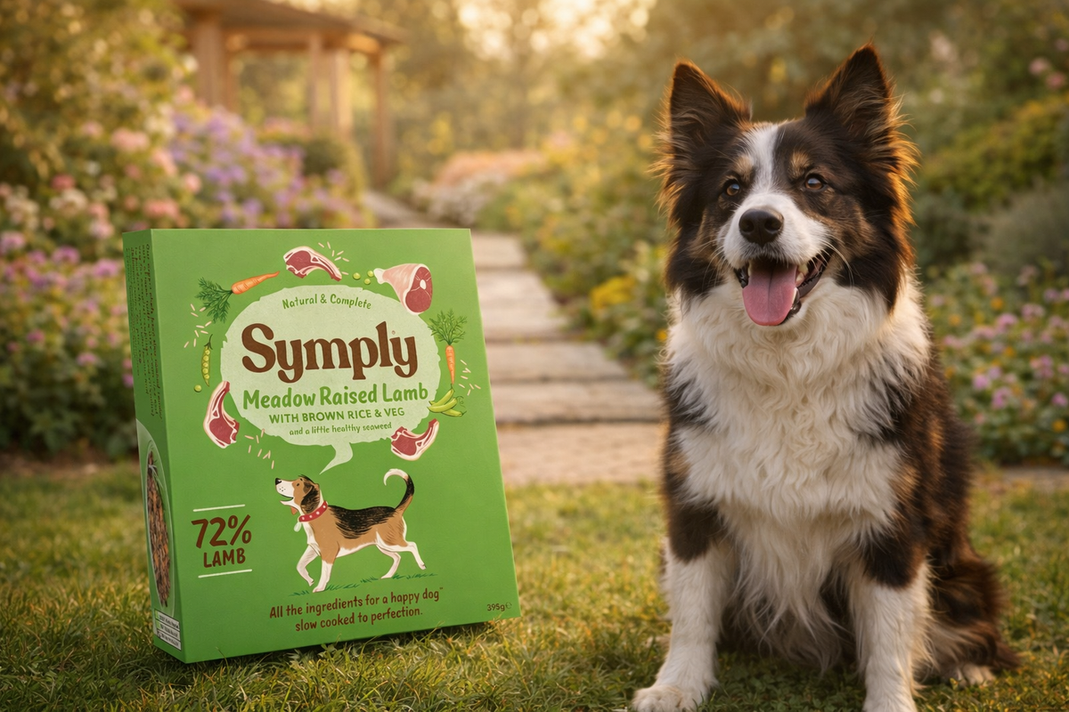 Dog sitting next to a 'Simply' dog food box in a garden setting