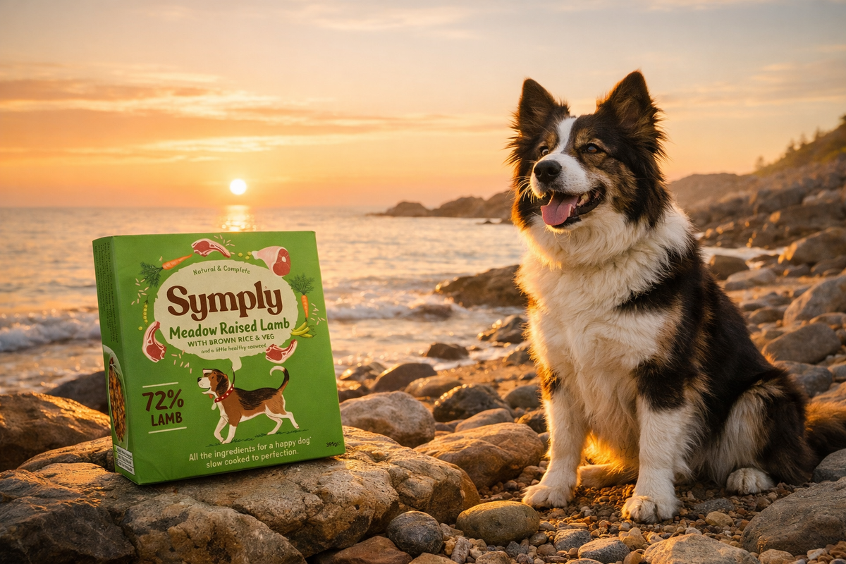 Dog sitting on a rocky beach with a 'Symply' dog food package in the foreground.