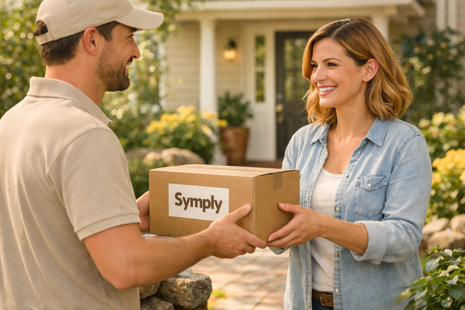 Man delivering a box labeled 'Symply' to a woman outside a house.