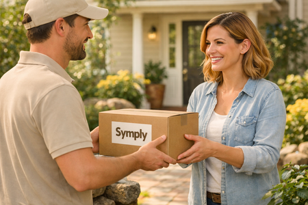 Man delivering a box labeled 'Symply' to a woman outside a house.