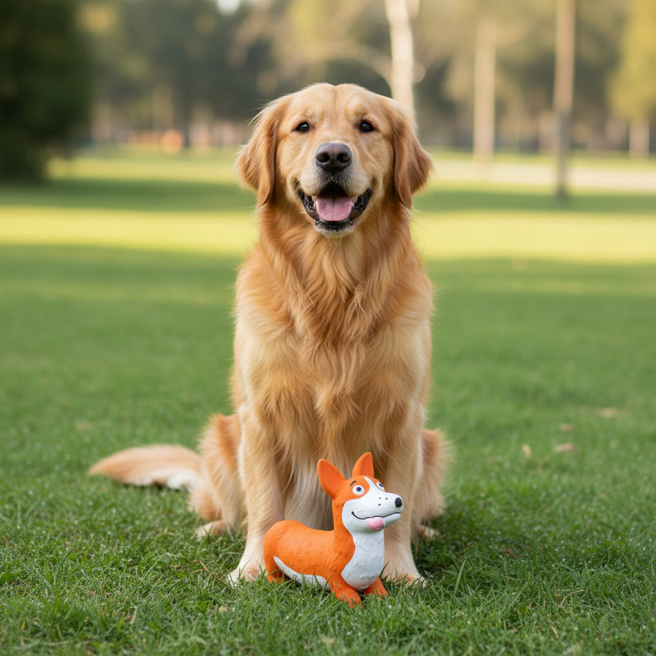 Golden retriever sitting on grass with a toy fox in front