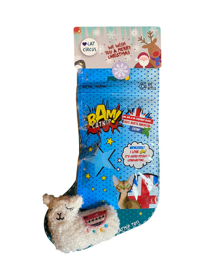Bam! Catnip & Toy Stocking features a festive Christmas stocking with catnip and plush llama toy, perfect for cat holiday gifts in 2024.