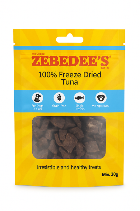 Zebedee's 100% Freeze Dried Tuna treats packaging on a white background