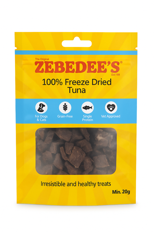 Zebedee's 100% Freeze Dried Tuna treats packaging on a white background