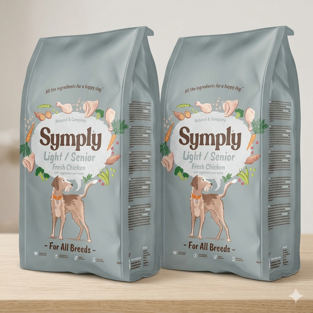 Two bags of 'Simply Light Senior' dog food on a wooden surface with a neutral background.