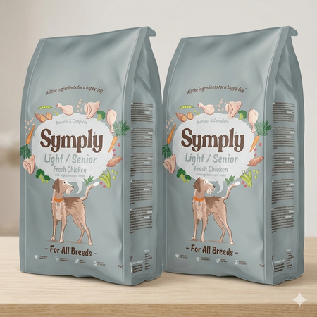 Two bags of 'Simply Light Senior' dog food on a wooden surface with a neutral background.