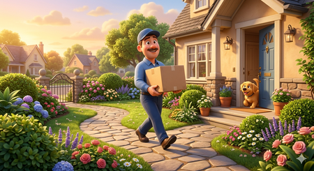Man delivering a package in a suburban neighborhood with a house and garden in the background