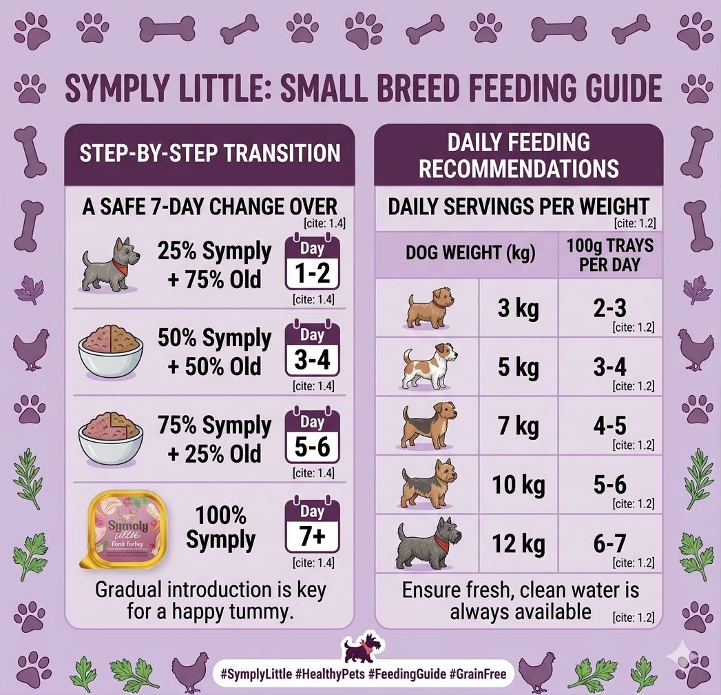 Pet feeding guide for small breeds on a purple background with illustrations and text.