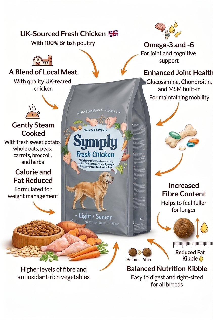 Dog food packaging with nutritional information on a white background