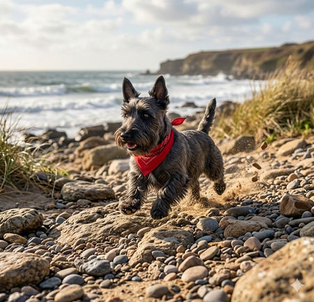Dog running on a pebbly beach with ocean and cliffs in the background