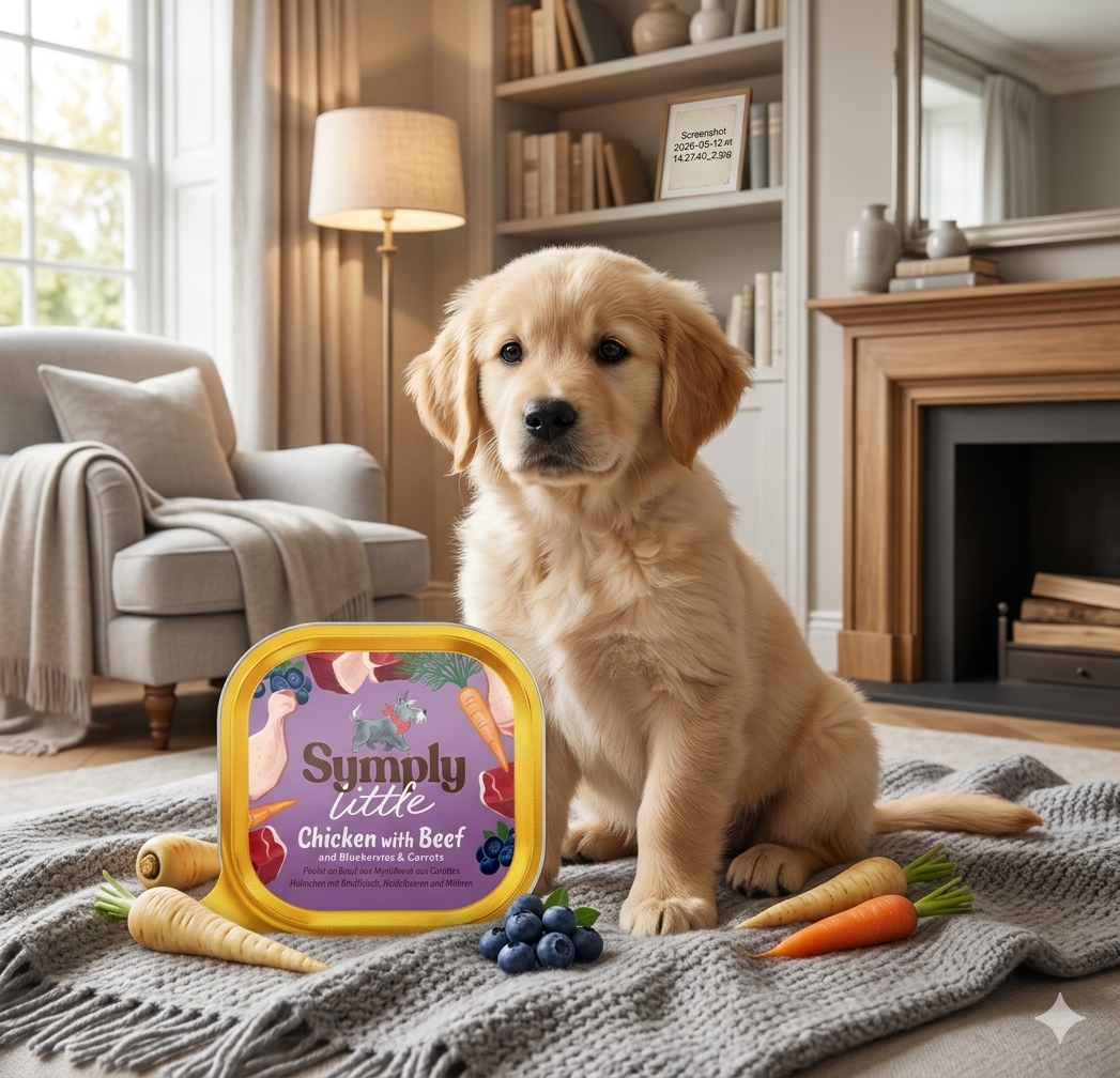 Puppy sitting on a rug with a 'Simply Little' pet food container and vegetables in a cozy living room.