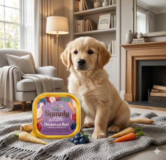 Puppy sitting on a rug with a 'Simply Little' pet food container and vegetables in a cozy living room.