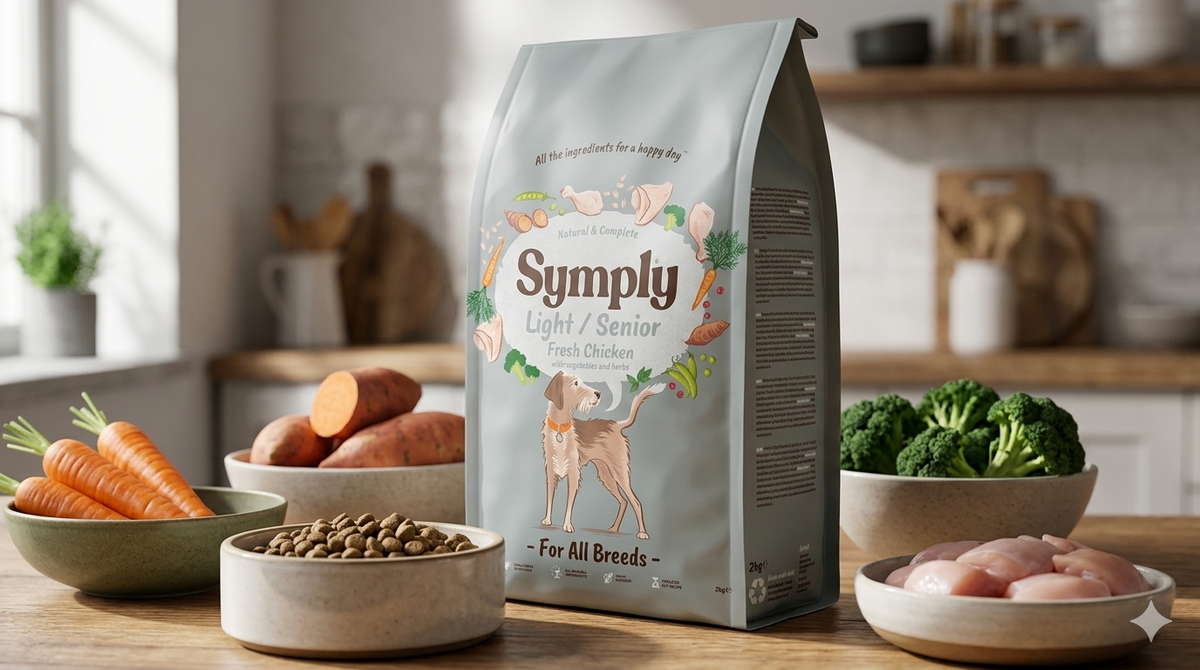 Bag of Symply light senior dog food on a kitchen counter with vegetables and ingredients.