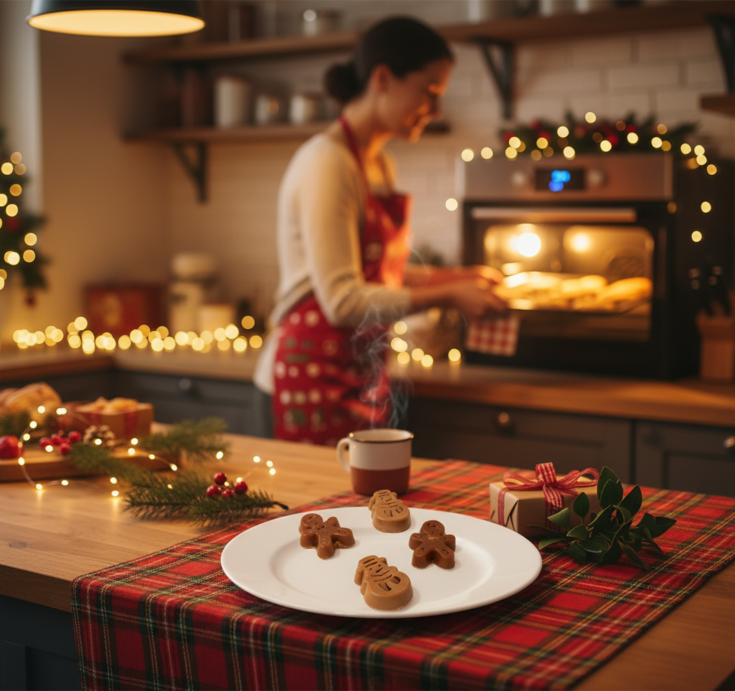 Four chocolate gingerbread men on a white background