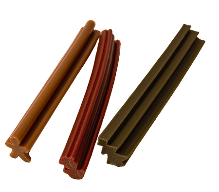 Three brown and red chew toys on a white background