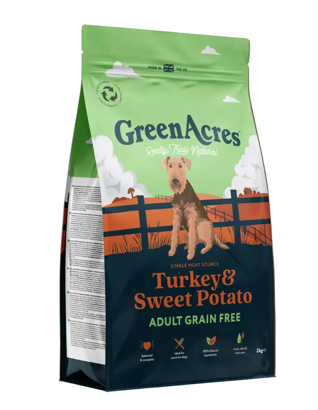 GreenAcres Turkey & Sweet Potato dog food package on a white background